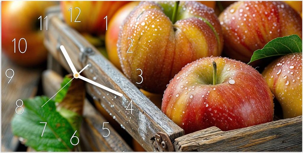 Wanduhr aus Glas mit Motiv Äpfel Holzkiste- 60 x 30 cm - inkl. Aufhängesystem