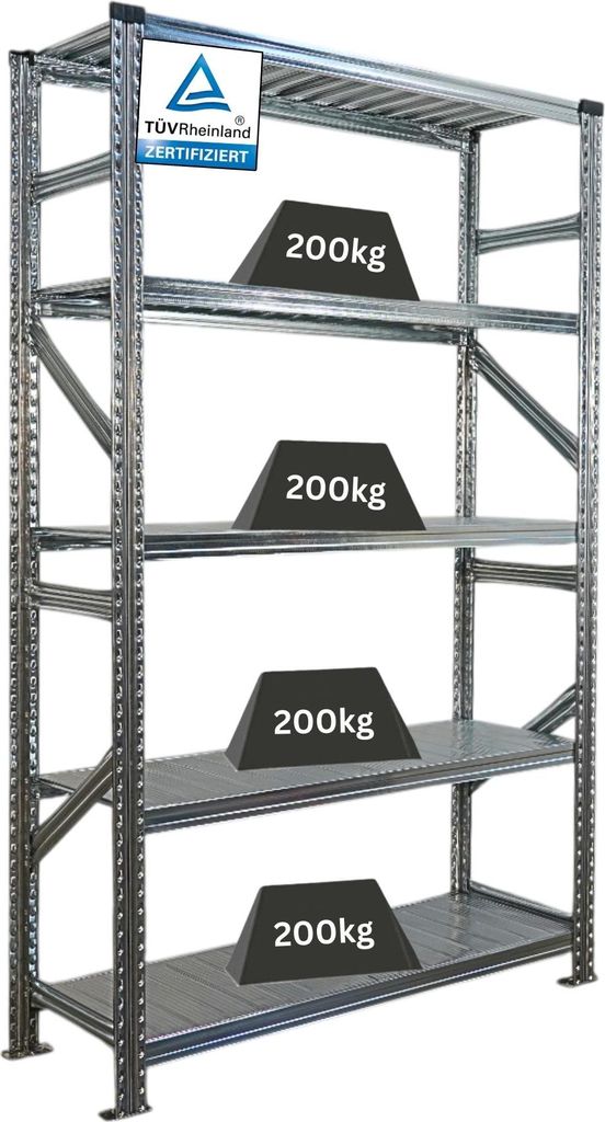 Fachbodenregal PROXIMO mit Stecksystem | Grundregal | HxBxT 200x120x50cm | 5 Ebenen | Fachlast 200 kg | Beidseitig nutzbar | Verzinkt