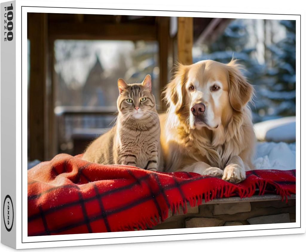 raxxa Premium-Puzzle "Cozy Companions: Labrador and Gray Cat Snuggle on Blanket Amidst Snowfall", 1000 Teile