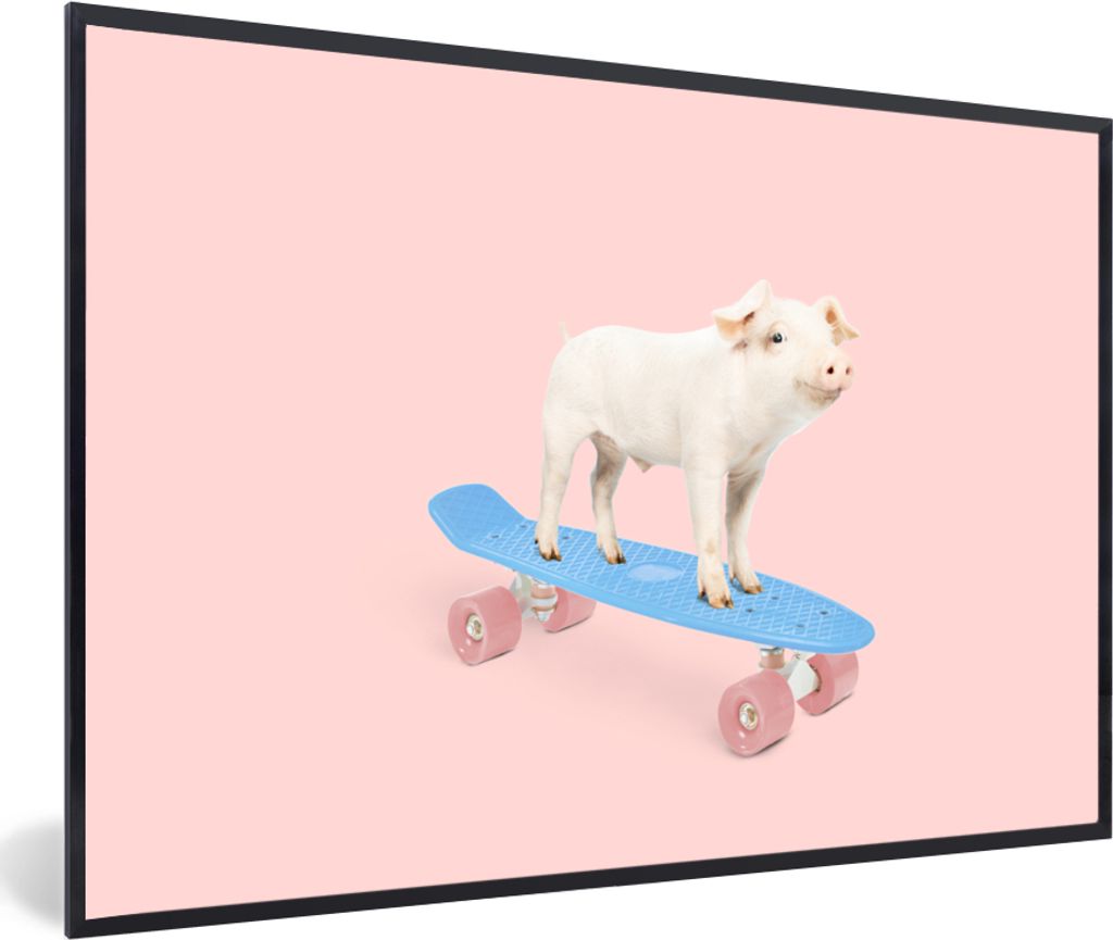 MuchoWow Gerahmtes Poster Schwein - Rosa - Skateboard - Blau - Tiere 30x20 cm - Poster mit Schwarzem Bilderrahmen Wandposter Rahmen Foto Bilder -...
