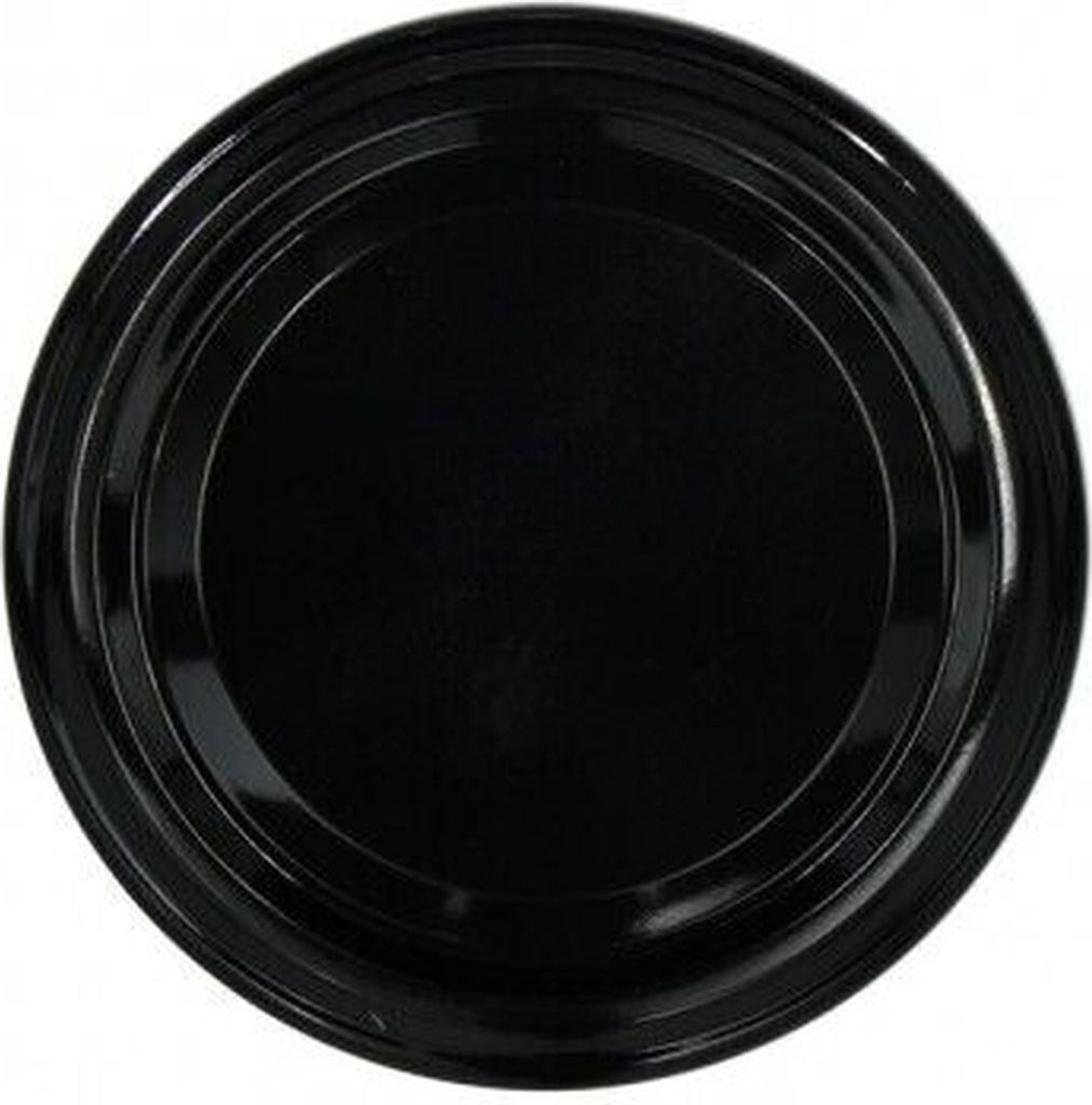 A top-down view of a single black lid.