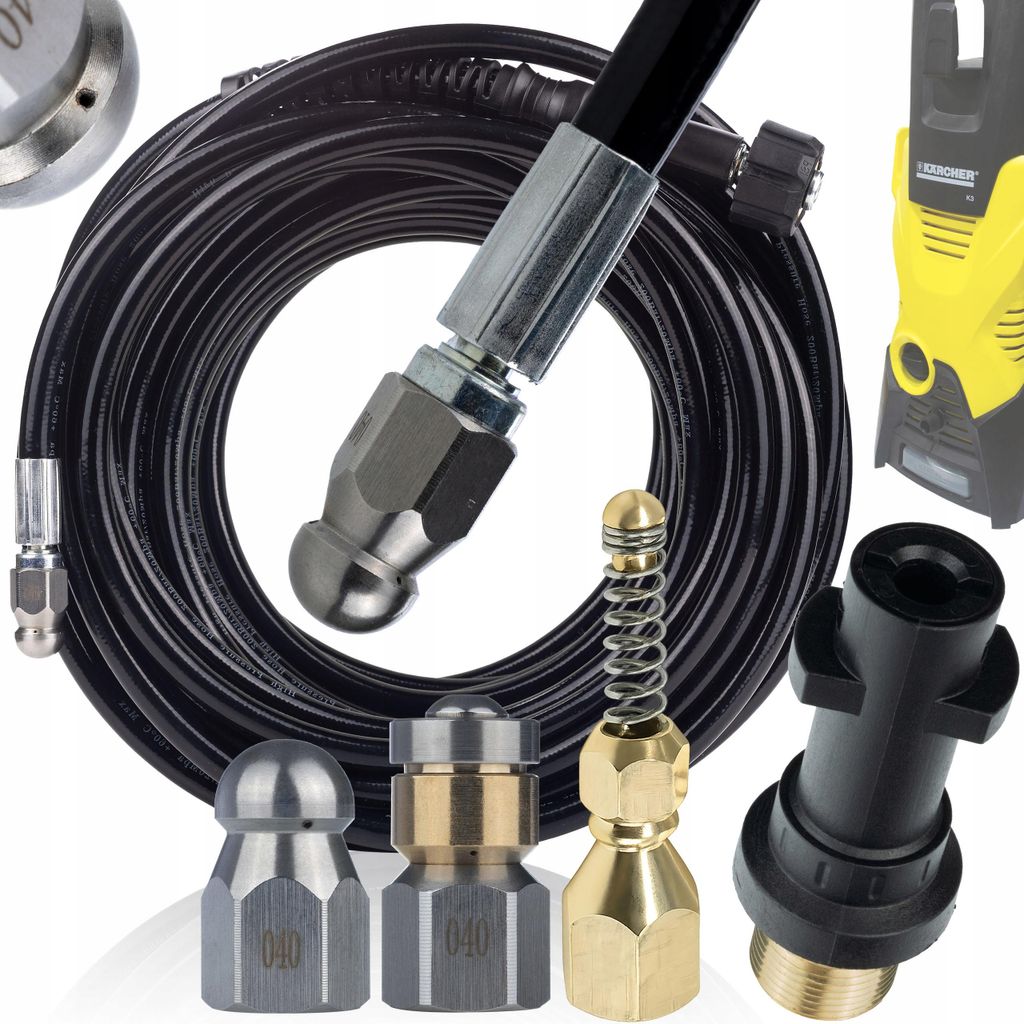 Reinigungsset Kanalisation 3in1 – Hochdruckschlauch 20m M22 | Adapter Bajonett | 3 Düsen Edelstahl Messing | kompatibel mit Kärcher K2-K7 bis 1...