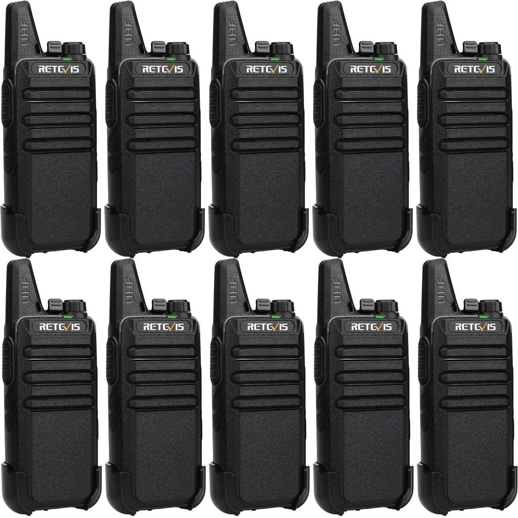 A grid of ten black Retevis RT622 walkie-talkies arranged in two rows of five.