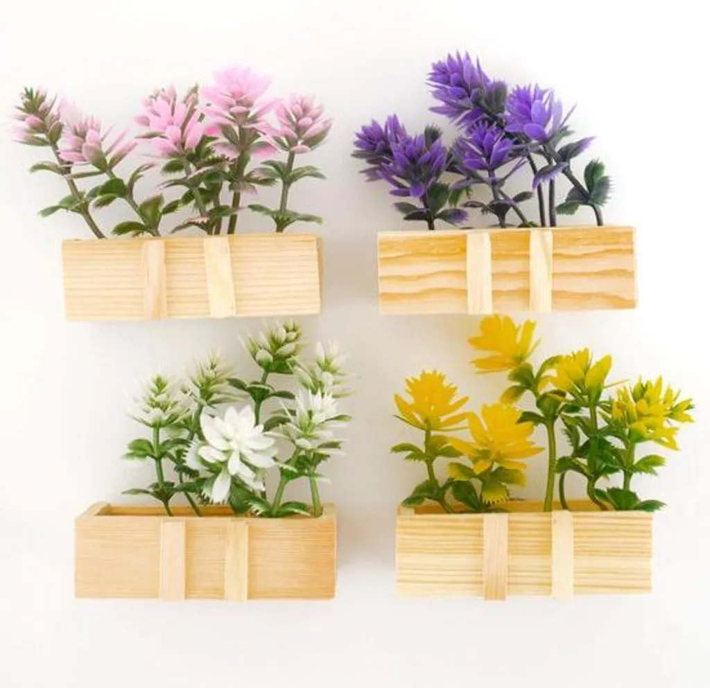 4 Aimants de Réfrigérateur Fleurs avec Pot en Bois Décoration Cuisine