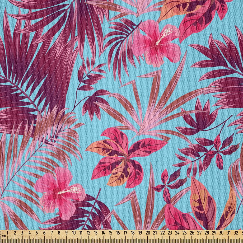 ABAKUHAUS Sommer Microfaser Stoff als Meterware , Hawaii-Kunst-Dschungel-Blüten Hibiskus-tropische Palmblätter Aloha, 3 M (230 x 300 cm), Dunkle ...