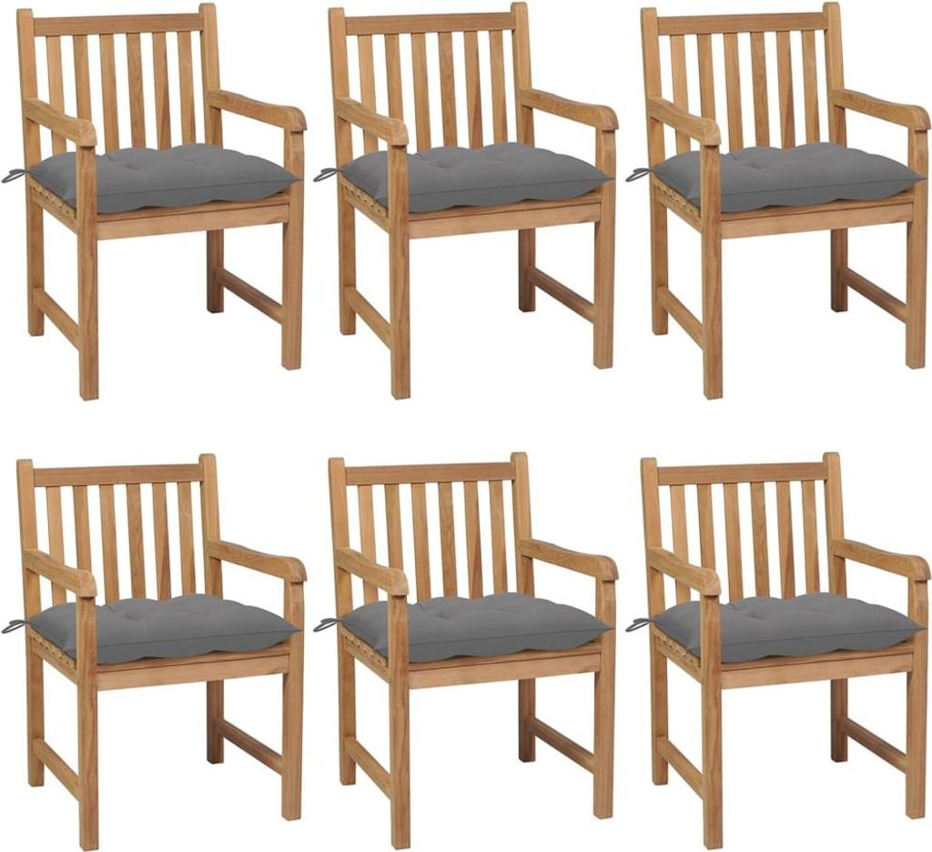 vidaXL Gartenstühle 6 Stk. mit Grauen Kissen Massivholz Teak
