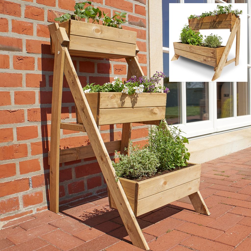 ONBEST Pflanztreppe Holz | 3-stöckig | mit Innenvlies | 3 x Pflanzkasten mit 44x14x19,5cm (BxHxT) | Wetterfest