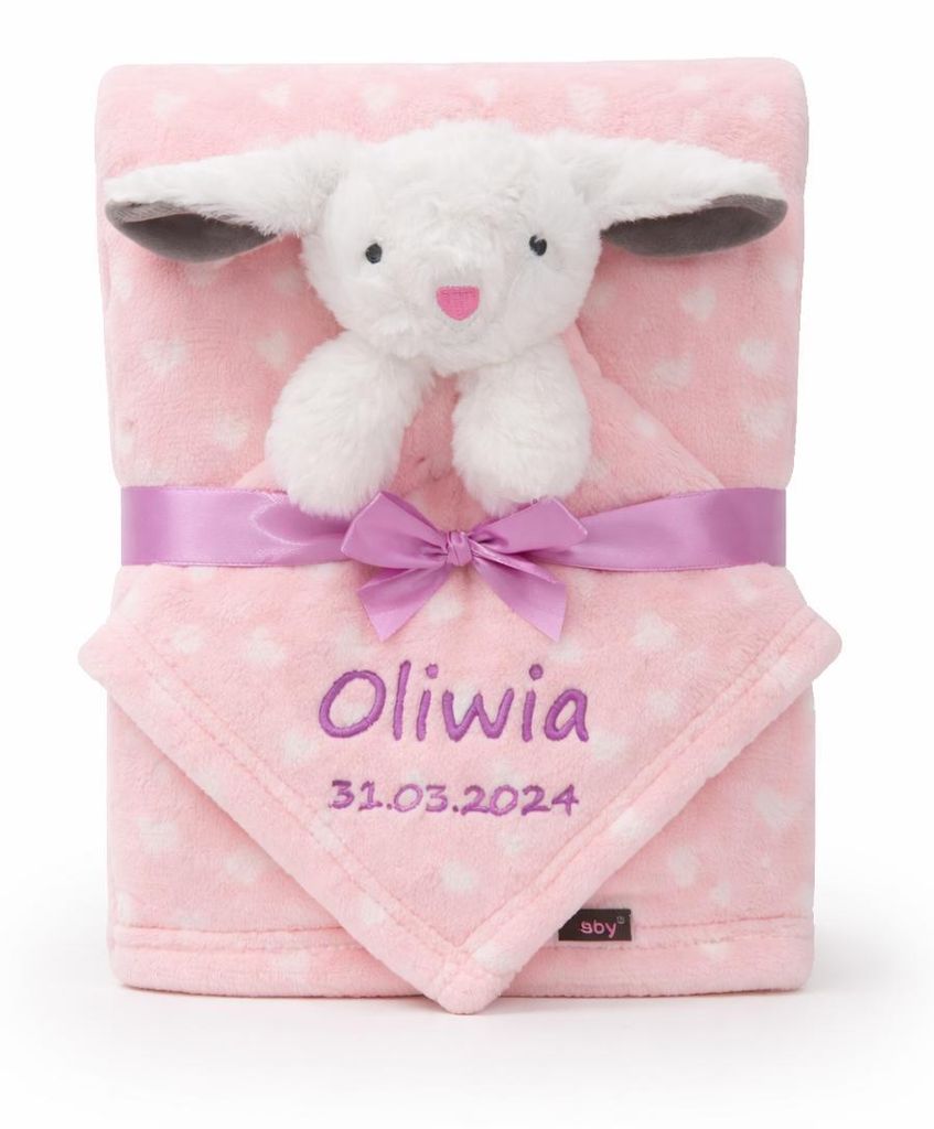 BotoBaby Babydecke mit Namen + Schmusetuch Häschen – Rosa mit Herzen – ca. 75 x 100 cm – Personalisiertes Baby Geschenkset