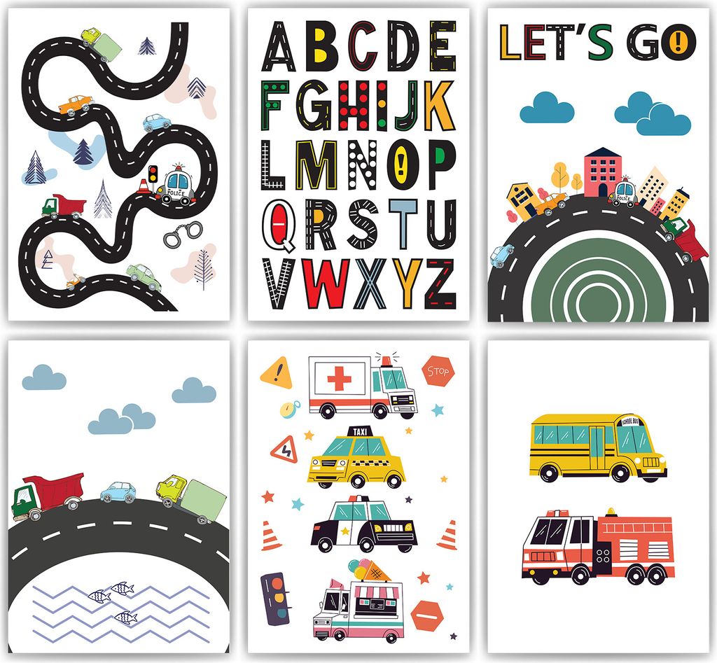 Kinderposter 6er Set ABC Auto Fahrzeuge Lernposter Alphabet | Kinderzimmer Wandbilder Kindergarten Grundschule Lernhilfe für Kinder – DIN A3 (29...