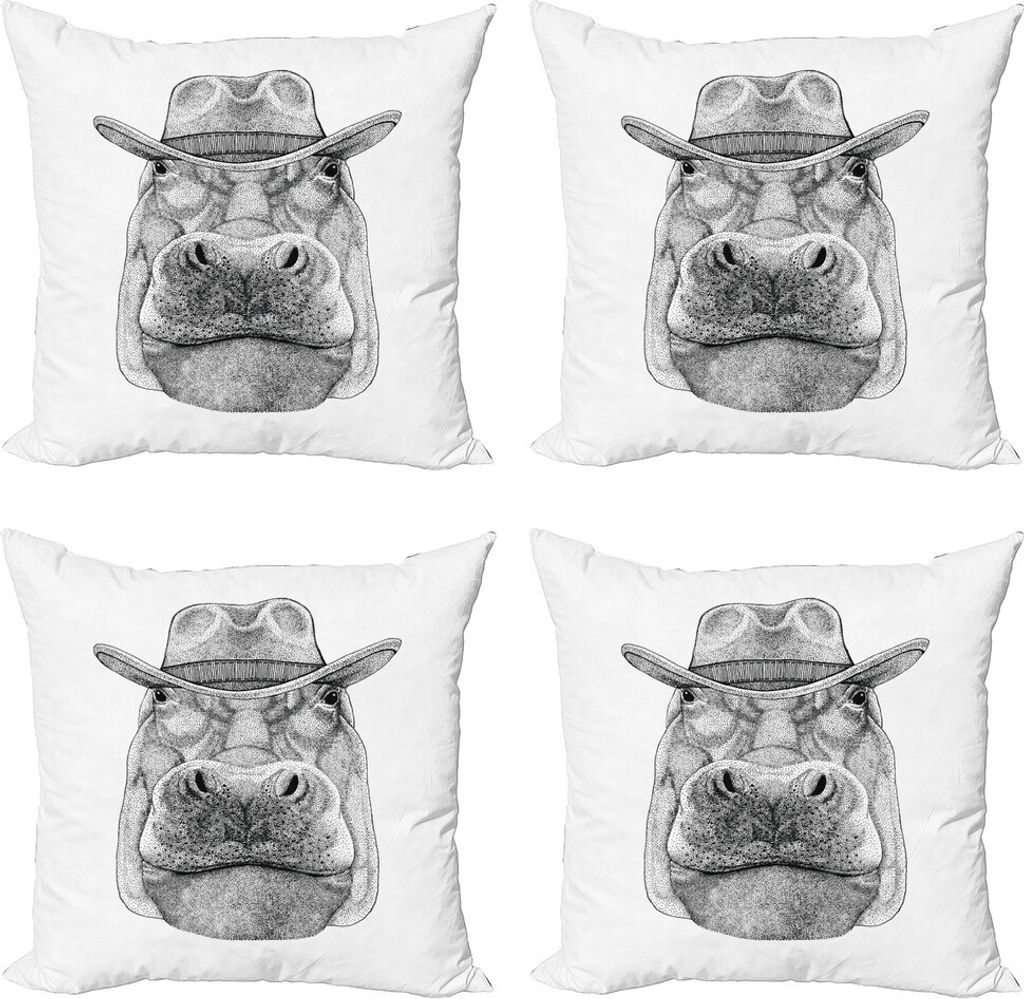 ABAKUHAUS Nilpferd Kissenbezug Set (4 Stück), Behemoth Cowboy Wild West, Moderner Doppelseitiger Digitaldruck, 45 cm x 45 cm, Schwarz und weiß