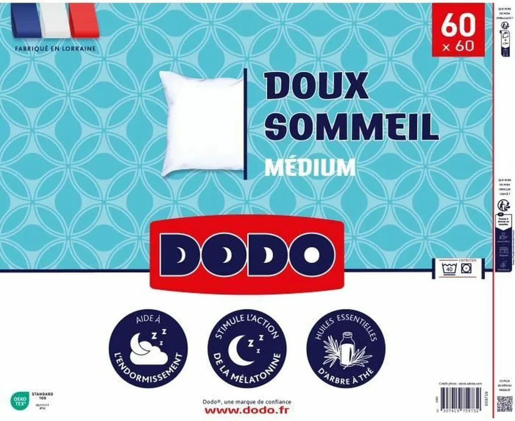 Oreiller Carré DODO DOUX SOMMEIL 60x60 - Coussin de Lit Souple et Sain