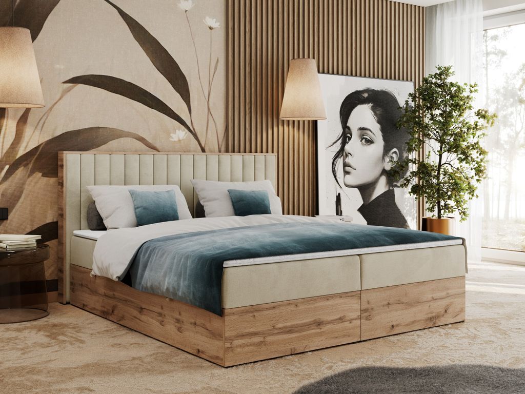 Boxspringbett, Zwei Bettkästen, Komplett-Set mit Matratze und Topper - Albero-4 - 200x200cm - Beige Velvet - H3