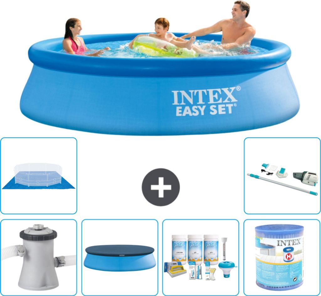 Intex runder aufblasbarer Easy Set-Schwimmpool – 305 x 76 cm – Blau – inklusive Pumpe Abdeckung - Wartungspaket - Filter - Bodenplane - Staub...