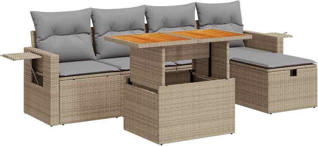 6-tlg. Garten-Sofagarnitur mit Kissen Beige Poly Rattan Akazie