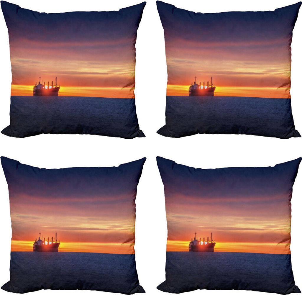 ABAKUHAUS Nautisch Kissenbezug Set (4 Stück), Sonnenaufgang über Meer Schiff, Moderner Doppelseitiger Digitaldruck, 40 cm x 40 cm, blau orange