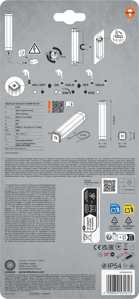 Lampe LED tactile 6500K dimmable OSRAM Tasklight avec batterie USB 20cm