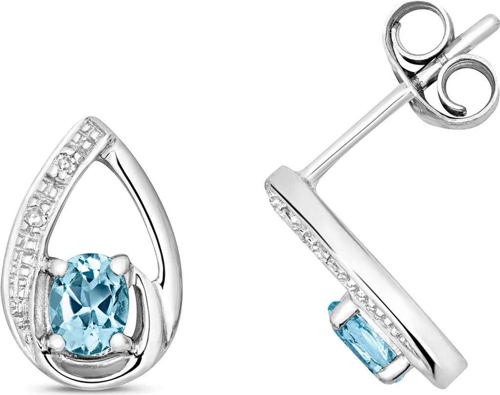 Boucles d'Oreilles Diamant H-PK et Aquamarine Véritable en Or Blanc 9K