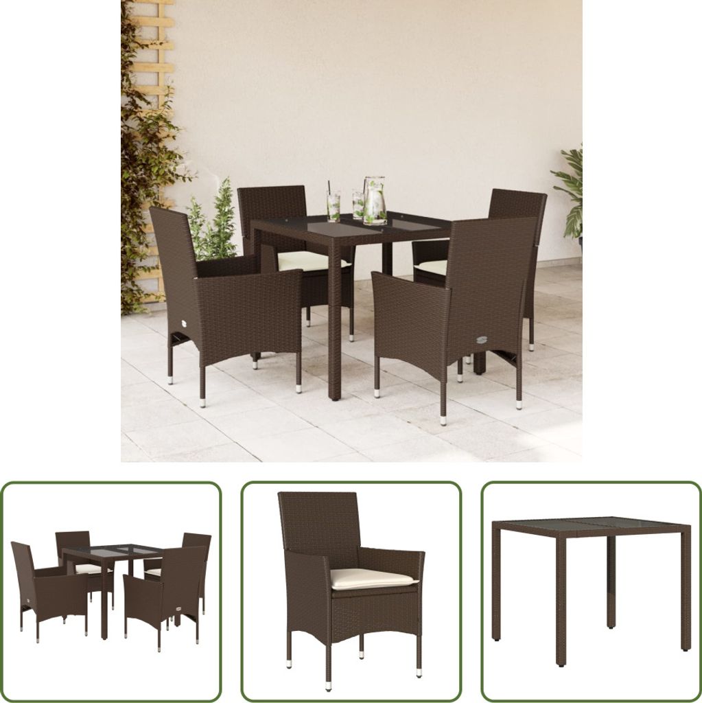 The Living Store 5-tlg. Garten-Essgruppe mit Kissen Braun Poly Rattan Glas