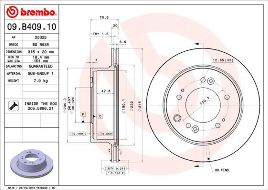 Disque de frein Brembo 09.B409.10 pour Sorento I JC - Qualité OE 584113E500