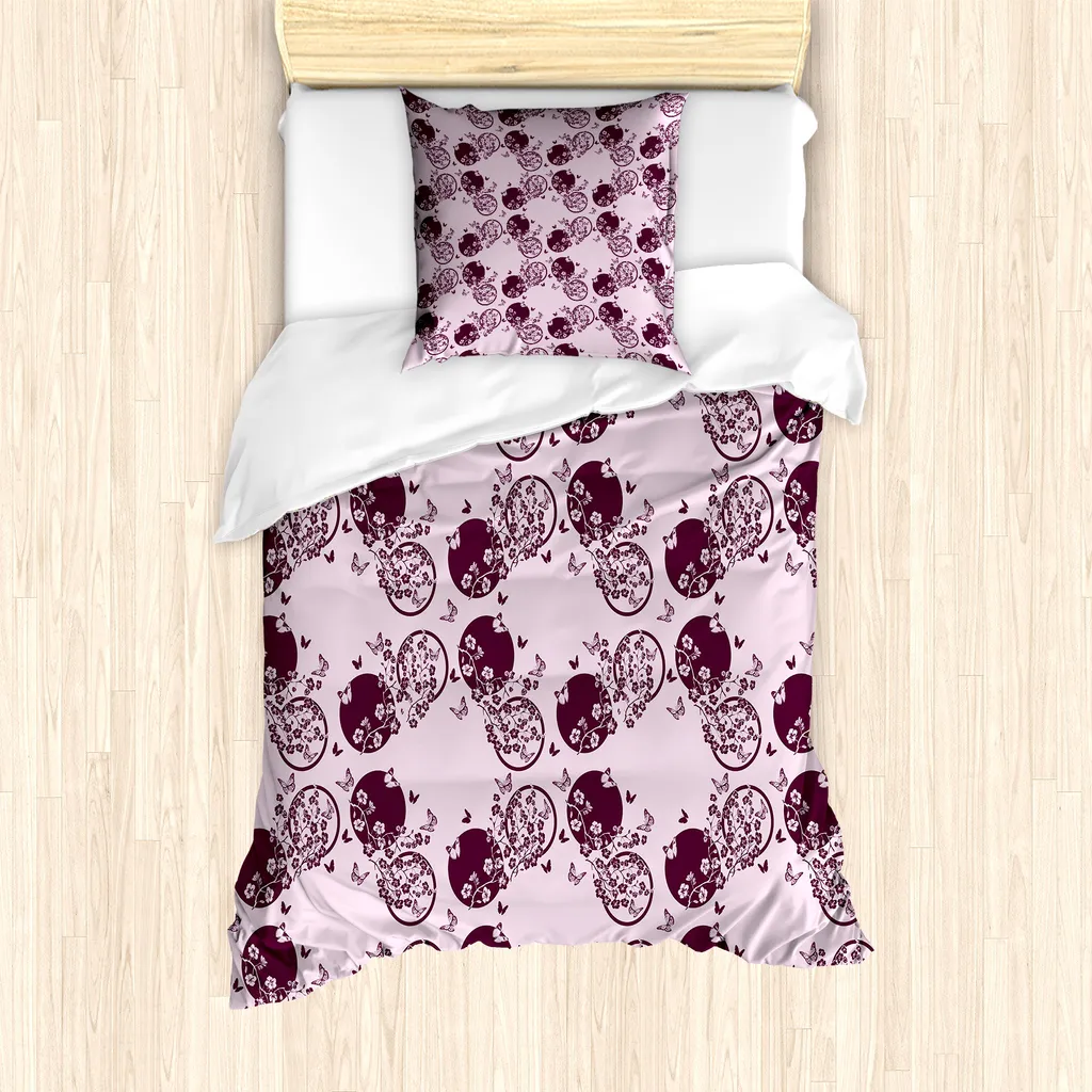 ABAKUHAUS Set copripiumino giapponese per letti singoli, motivo fiori di sakura, antiacaro, adatto a chi soffre di allergie, con federa, 135 cm x 200 cm - 80 x 80 cm, rosa pallido prugna