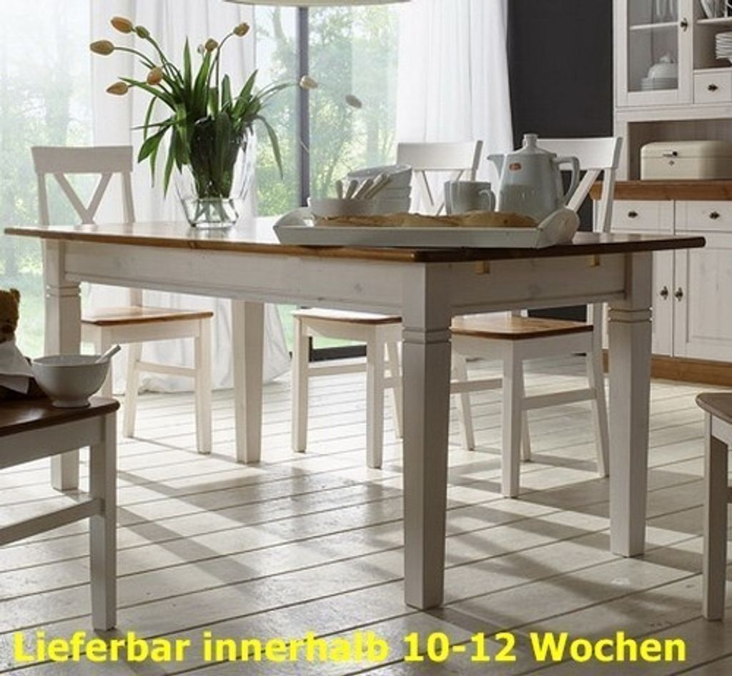 Esstisch Esszimmertisch Tisch 140x90 cm Landhausstil Kiefer massiv, Farbe:weiß / grau