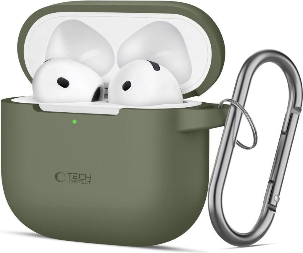 A pair of white earbuds in an open olive green charging case, with a silver carabiner attached to the side.