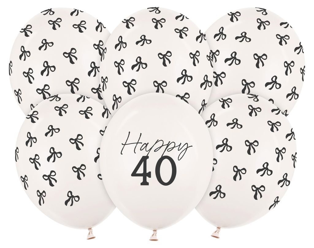 Luftballons 30cm mit Happy 40 & Schleifen Motiv 6er Set Weiß Schwarz