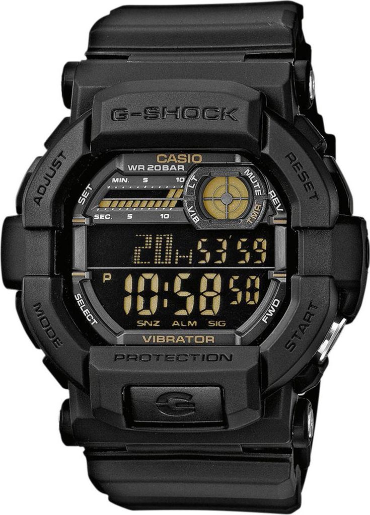 A close-up studio shot of a black Casio G-Shock watch.