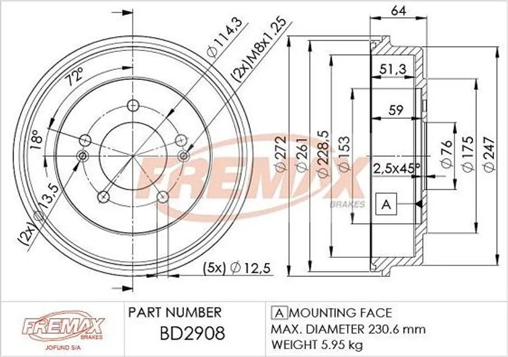 Tambour de frein arrière compatible Hyundai Tucson et Trajet - Diamètre 203mm