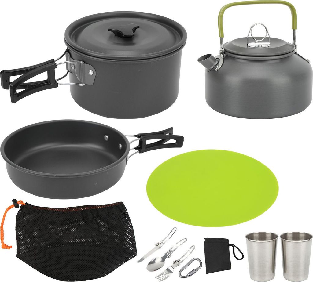 Camping-Kochgeschirr, tragbares Kochset für Rucksackreisen, Topf, Pfanne, Teekanne, Klappgabel, Messer, Löffel, Schwarz