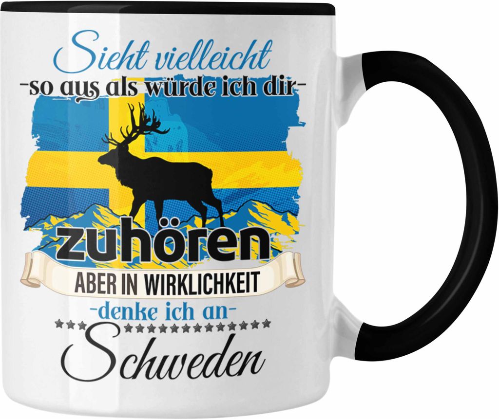 Trendation - Schweden Geschenk Tasse Schweden Liebhaber Geschenkidee Lustiger Spruch (Schwarz)