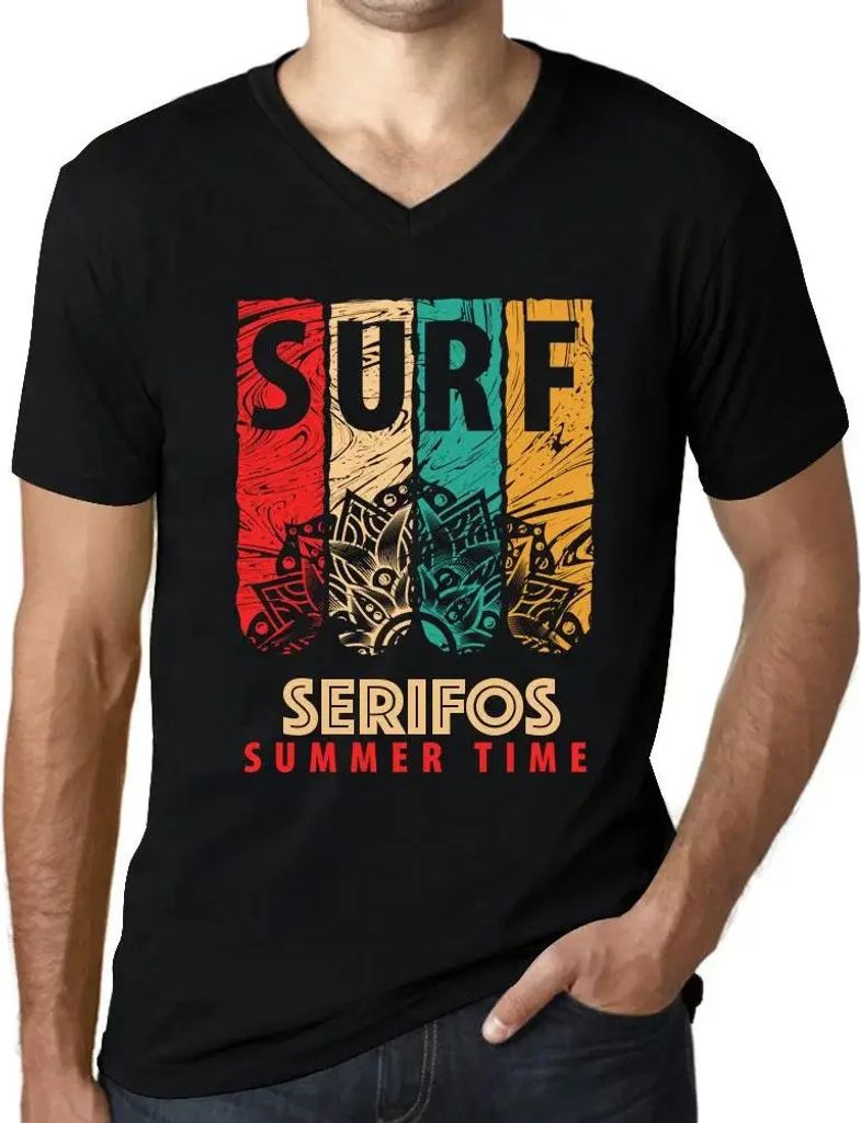 Herren Grafik T-Shirt V-Ausschnitt Sommerliches Surfen auf Serifos – Summer Time Surf In Serifos – Öko-Verantwortlich Vintage Jahrgang Kurzarm...