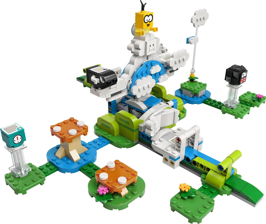 A LEGO Super Mario expansion set featuring a cloud-themed world with characters and obstacles.