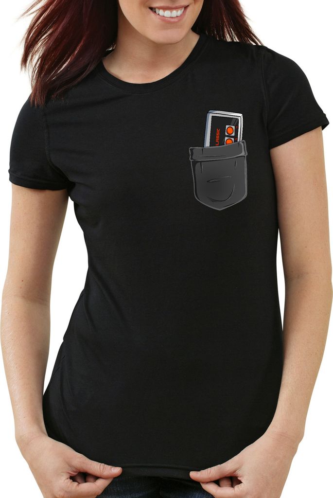 style3 NES Brusttasche Damen T-Shirt classic 8-Bit konsole, Farbe:Schwarz, Größe:L