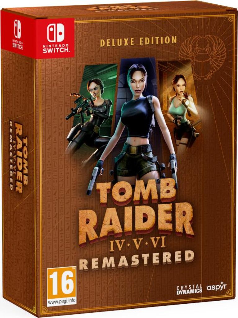 The image shows the front of a video game box for Tomb Raider IV-VI Remastered Deluxe Edition for Nintendo Switch.