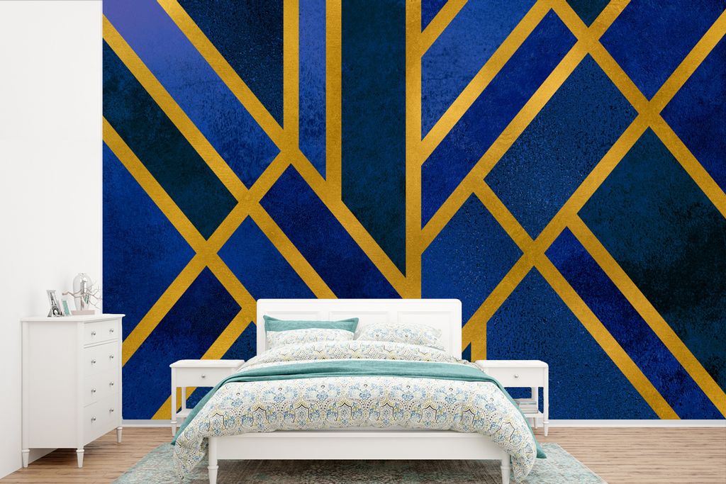 MuchoWow Fototapete für Wohnzimmer oder Schlafzimmer Wandtapete Vinyl Motivtapete Gold - Blau - Muster - 450x300 cm - Gemusterte