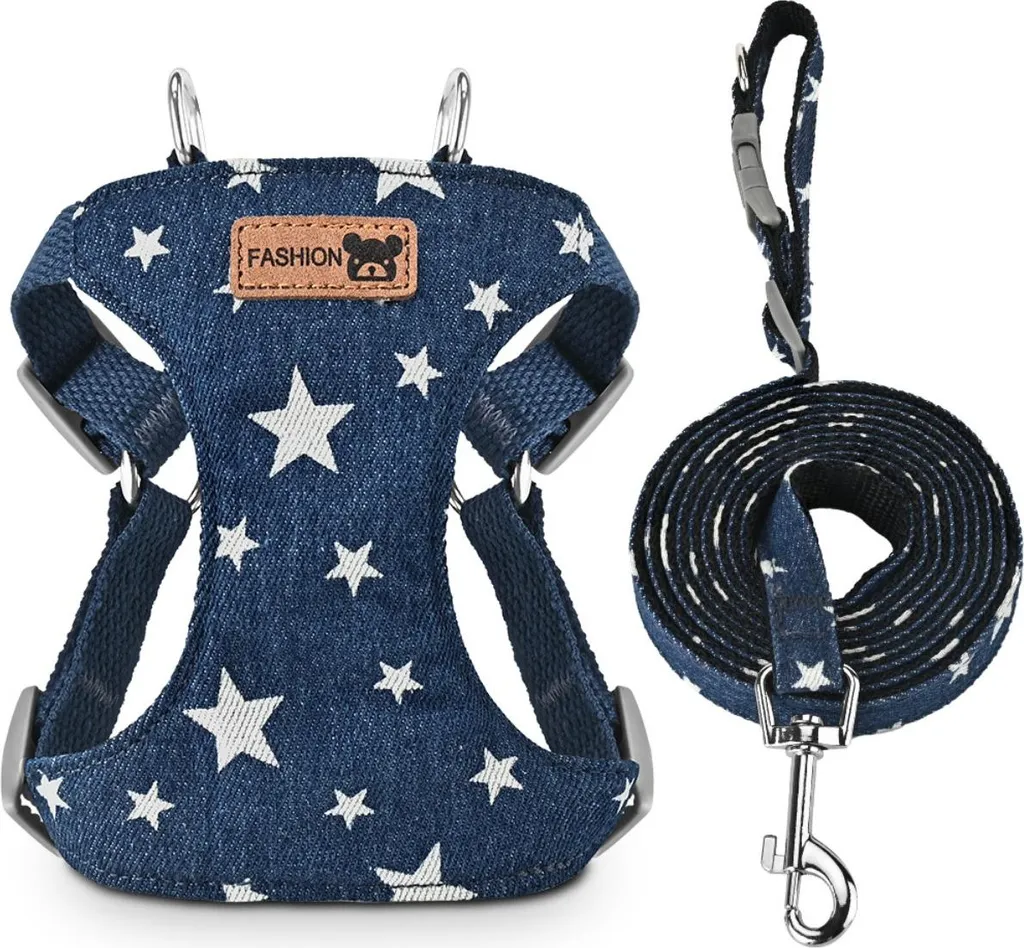 Pettorina Cane Morbida Denim Stelle con Guinzaglio 2m M L XL