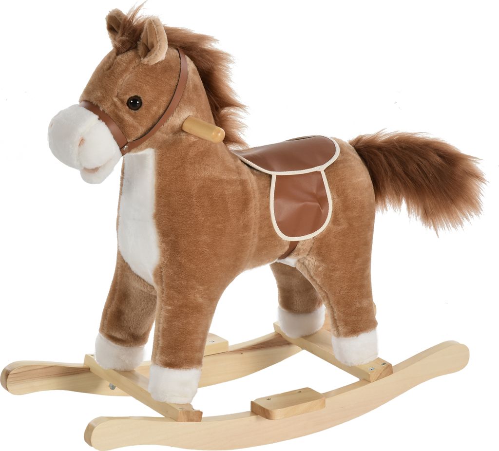 HOMCOM Kinder Schaukelpferd Baby Schaukeltier Pferd mit Tiergeräusche Spielzeug Haltegriffe für 36-72 Monate Plüsch Braun 65 x 32,5 x 61 cm