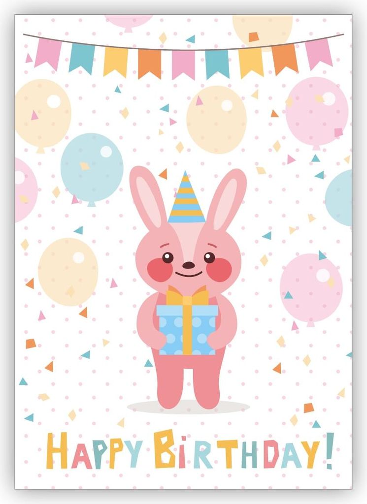 Süße bunte Geburtstagskarte mit Häschen Geschenk und Produktbild