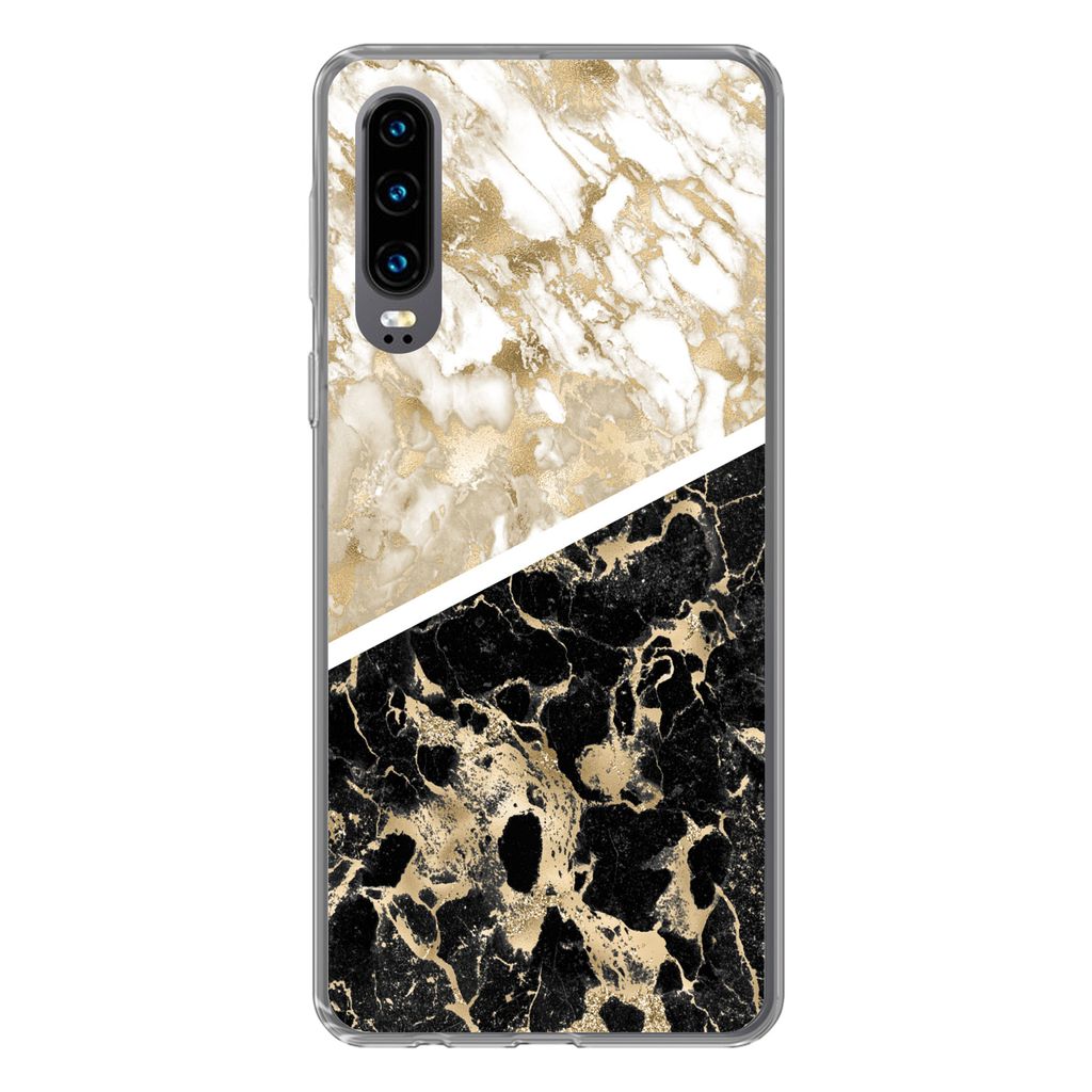 MuchoWow Handyhülle Schutzhülle Hülle für Huawei P30 Marmor - Schwarz und Gold - Schick Silikon Softcase Handy Hülle - Kartenbesitzer