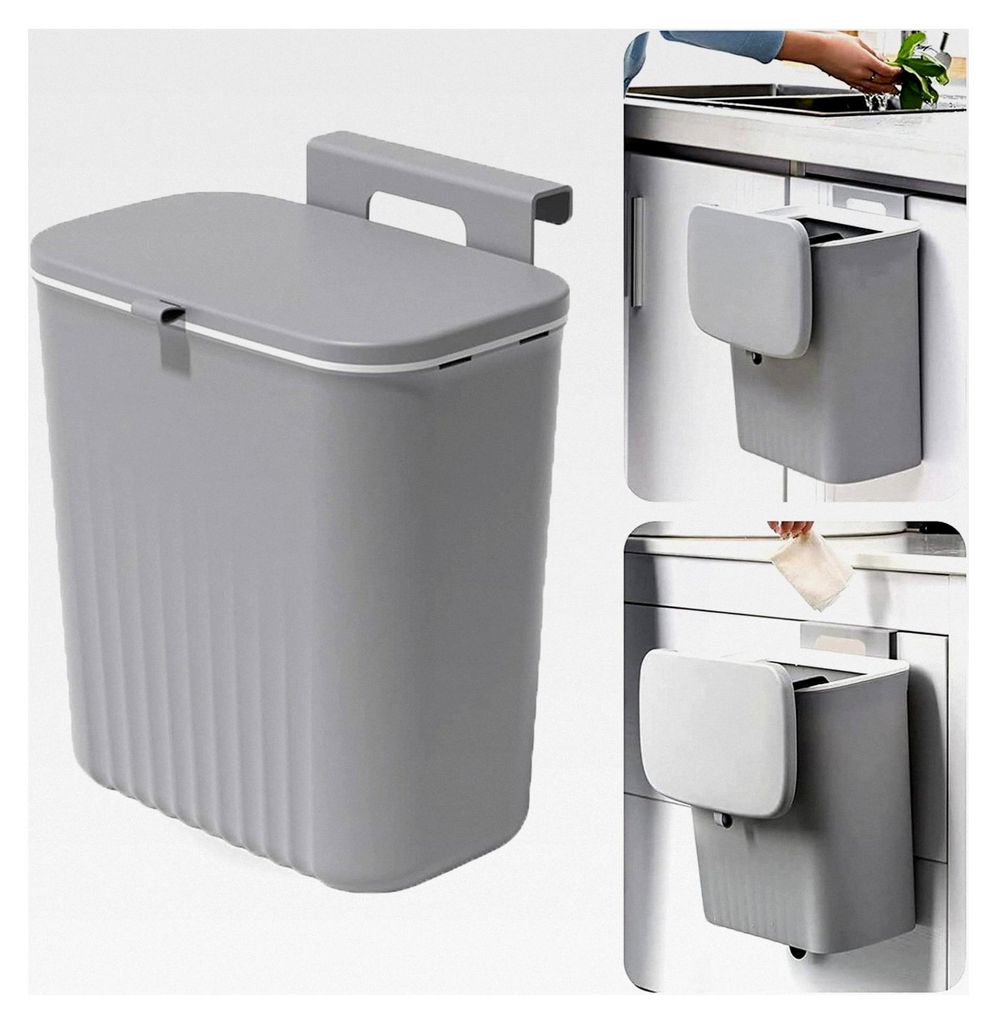 Hängender Mülleimer mit Schiebedeckel, 9 l - Kunststoff-Schrankkörbe für Küche, Wohnmobil, Bad, WC, Schlafzimmer, Wohnzimmer, Büro - Grau