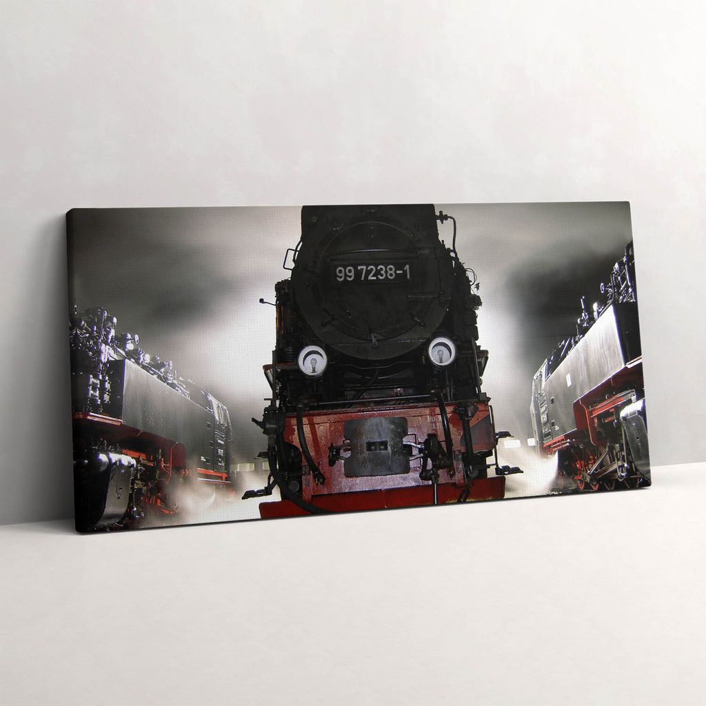 Lokomotiven bei Nacht – Leinwandbild Wandbild – 120x60 cm – Leinwandbilder – Wandbilder – Schlafzimmer – Flur