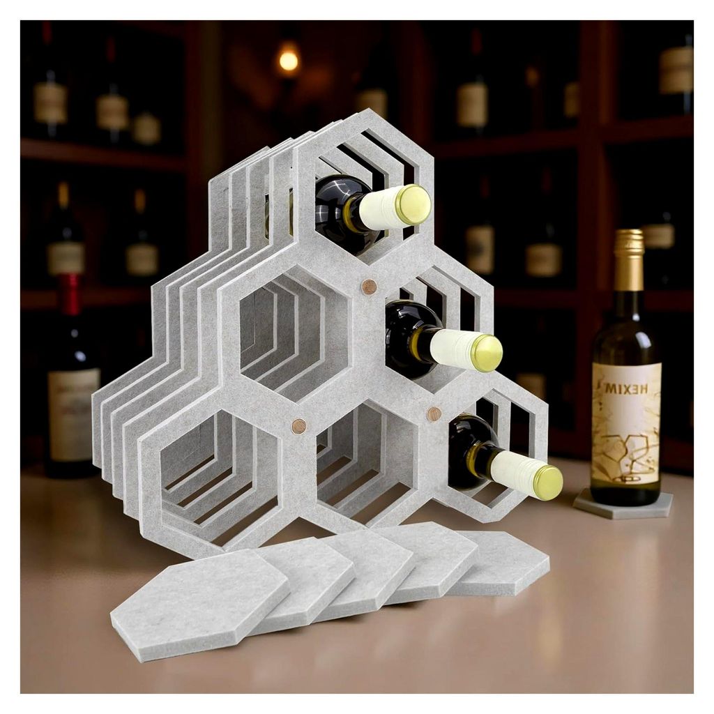 Weinhalterung 37,5x36cm Holz & Filz Flaschenhalter für 6 Flaschen mit Untersetzer stehend oder liegend - weich gepolstert Flaschenregal Flaschen O...
