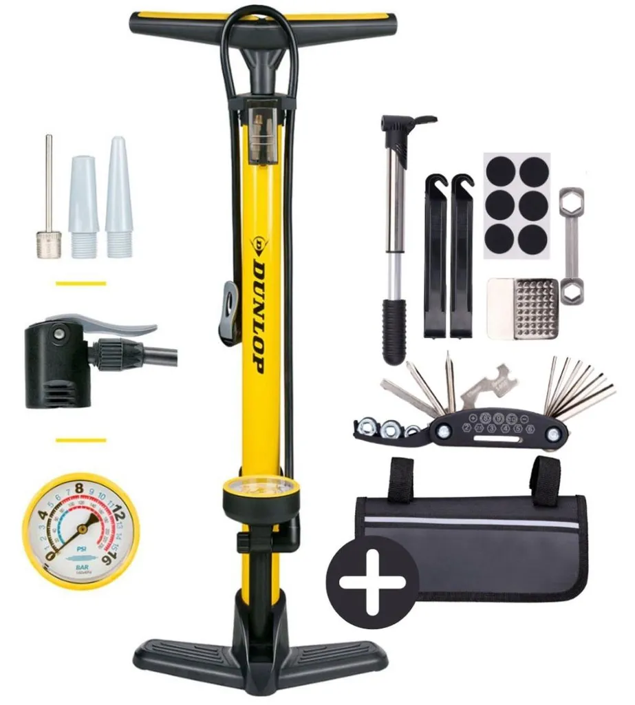 Kit pompe vélo Dunlop manomètre de précision et accessoires de secours