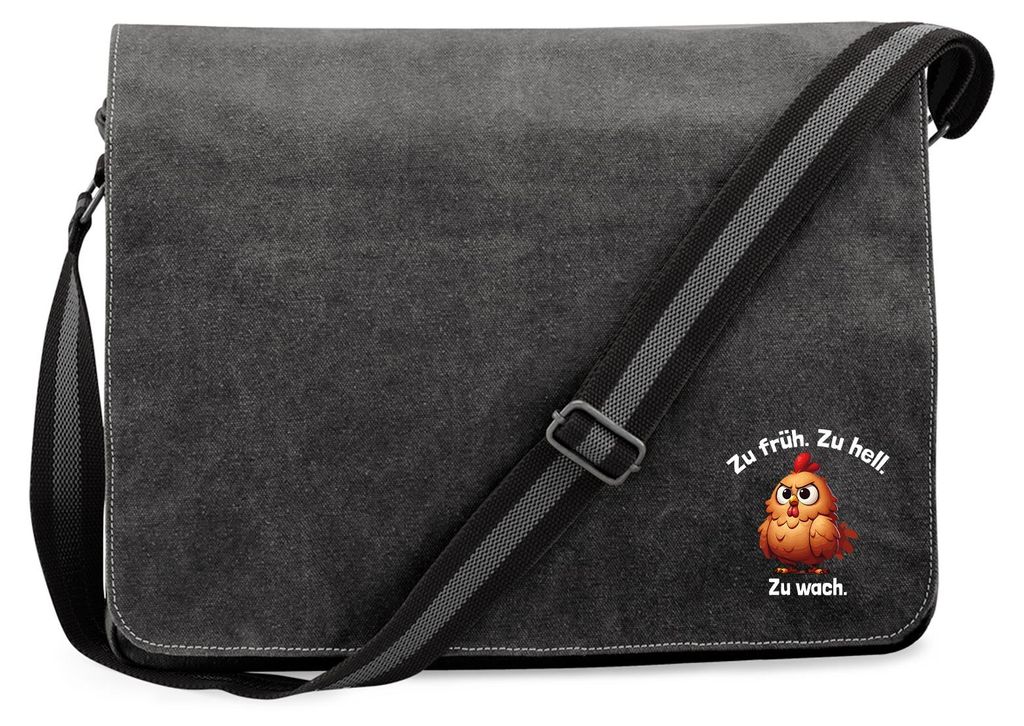 Huuraa Umhängetasche Zu früh. Zu hell. Zu wach. grimmiges Huhn 14 Liter Black Canvas Laptoptasche Geschenkidee