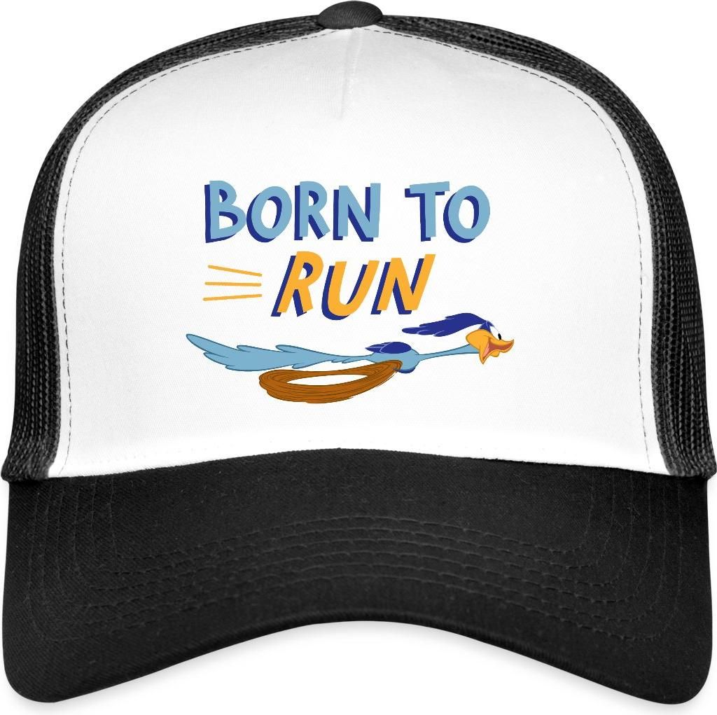 Spreadshirt Looney Tunes Road Runner Born To Run Trucker Cap, One size, Weiß/Schwarz