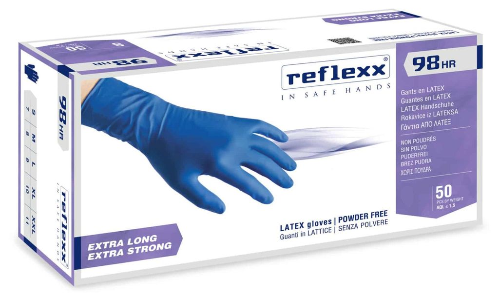 Reflexx R98 Gekleurde, poedervrije latex handschoenen, 18,5 Productafbeelding 