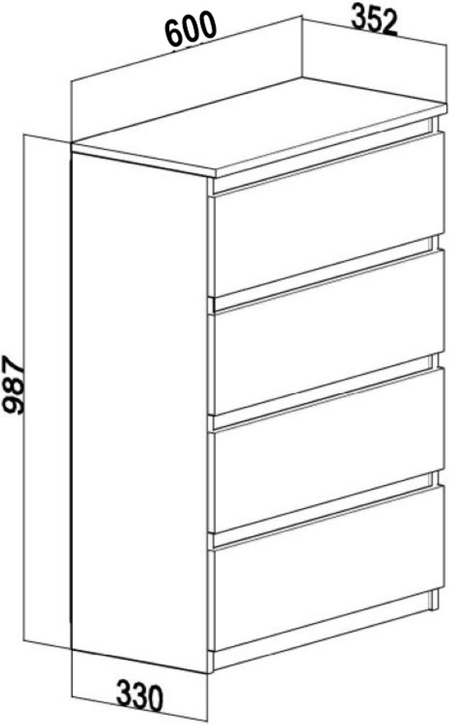 A technical drawing of a white chest of drawers with dimensions indicated.