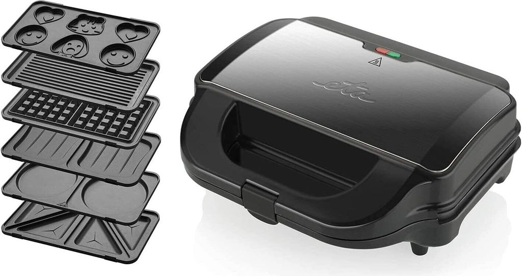 A multi-functional sandwich maker with various interchangeable plates, shown next to the assembled appliance.