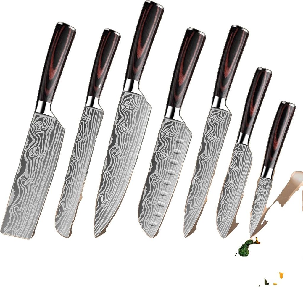 Küchenchef-Messer-Set, Klingen aus hochlegiertem Edelstahl, ergonomisch gestaltete Pakkaholzgriffe, multifunktionale Verwendung
